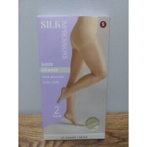 SILK IMPRESSIONS Sheer Shimmer High Waisted 2 Pair S Beige Pantyhose 20 Denier